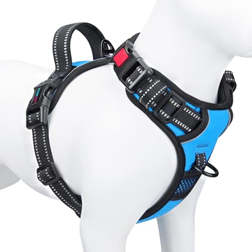 Image of PHOEPET Reflective Dog Harness Large Breed Adjustable No Pull Vest with Handle 2 Metal Rings 3 Buckles [Easy to Put on & Take Off](L, Blue)