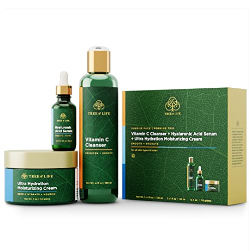 Tree of Life Sunrise Pack Morning Trio Bundle with Vitamin C Cleanser + Hyaluronic Acid Serum + Ultra Hydration Moisturizing Cream 3-pack