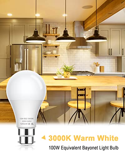 B22 Bayonet Light Bulbs 100W Equivalent, 13W LED Bulbs Bayonet Warm White 3000K, 1200lm BC A60 B22 Light Bulb Bayonet - Image 3