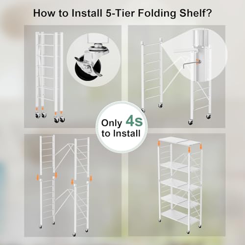 Image of Himix 5-Tier Foldable Storage Shelves with Wheels Expandable Kitchen White | Folding shelving units, Metal collapsible organization, Changeable into 2 shelf units, Garage, Adjustable, Holds 2400 Ibs