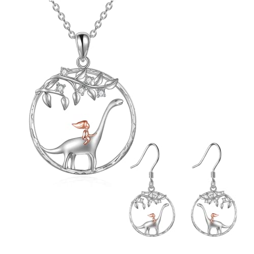 TIGER RIDER Cute Dinosaur Jewelry Sets 925 Sterling Silver The Girl and The Dinosaur Necklace and Earrings, Tree of Life Necklace and Earrings for Women Animal Jewelry Sets Gifts