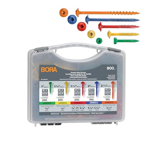 BORA Kit de 800 Tornillos para Ensambles Ocultos, Autorroscantes Rosca Fina/Gruesa Color-Coat® Interior/Exterior, Cabeza Cuadrada 25–64 mm