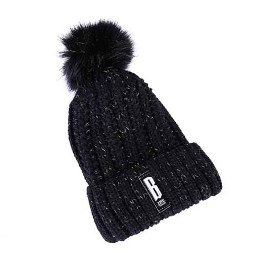 Image of SYGA Winter Beanie Hat for Women Warm Thick Cotton Lining Knit Bobble Pom Pom Skull Cap Fleece Lined Warm Cap Outdoor Sports Hat for Ladies Women Girl Free Size