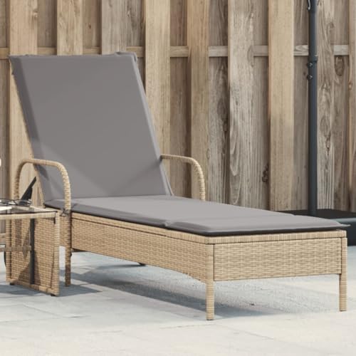 LAPOOH Sonnenliege mit Rollen und Auflage Beige Poly Rattan,...