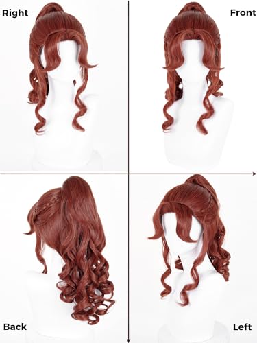Image of Half and Half Red Brown Ponytail Wig with Bangs Long Curly Dark Brown Anime Cosplay Wig Synthetic Hair for Women Halloween Party