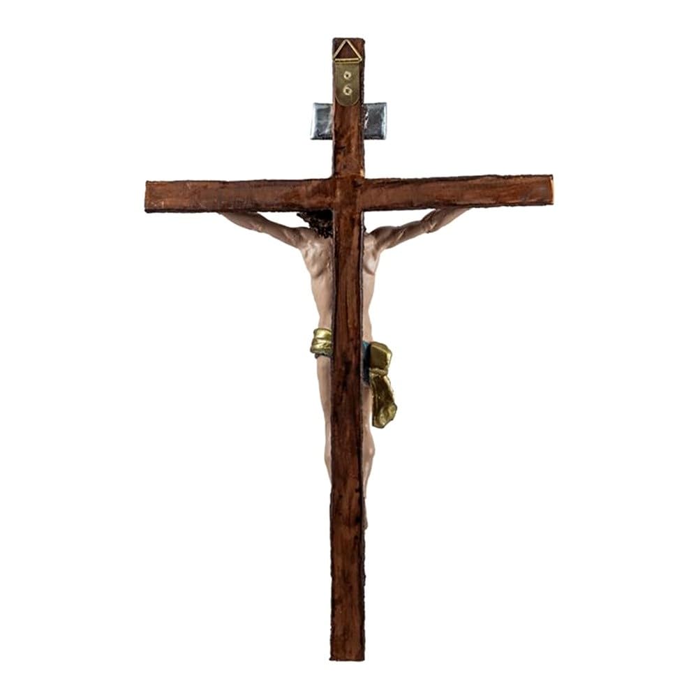 Cristo Cruz Crucificado Figura 50 cm. Imagen Resina Jesús Ojos Abiertos Cruz Color Madera