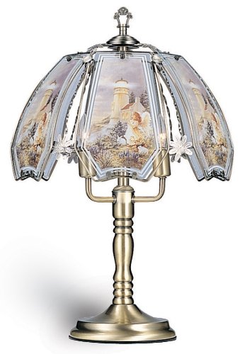 Weekly Top Sale ORE International K301 Glass Lighthouse Scene Touch Lamp, Antique Brass Finish