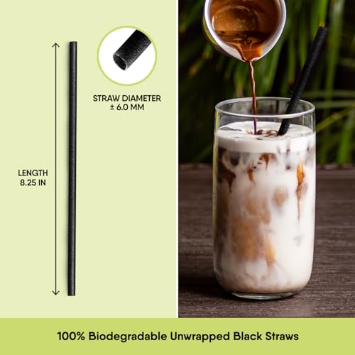Image of The Veggie Straws - 300 PCS of 8.25 Inches Unwrapped Biodegradable Black Straws - Made of Vegetable Fibers, Best Environment Friendly Drinking Straws for Hot and Cold Beverages