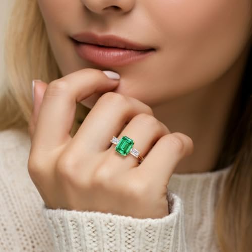 Solid 14k White or Yellow Gold 2 Carats Emerald Cut Lab Grown Colombian Emerald 3-Stone Ring with Diamond Sides, Engagement, May Birthstone, Birthday, Anniversary, Wedding Gift for Women, w/ Jewelry Box, Sizes 4-102
