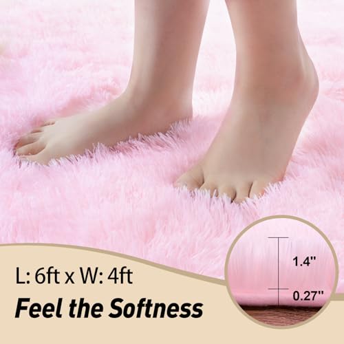 Pink Rugs for Living Room, 4x6 Feet Large Fluffy Area Rugs for Bedroom, Soft Carpet Shag Kids Rug with 4 Non-Slip Rug Pads (4ft x 6ft, Pink)