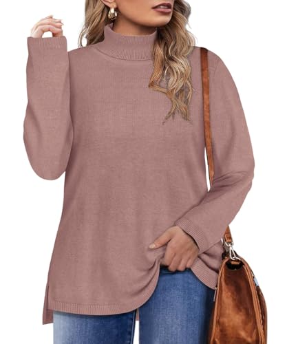 Image of CARCOS Plus Size Sweaters for Women Solid Turtleneck Sweater Long Sleeve Pullover Tops Casual Split Hem Knit Shirts