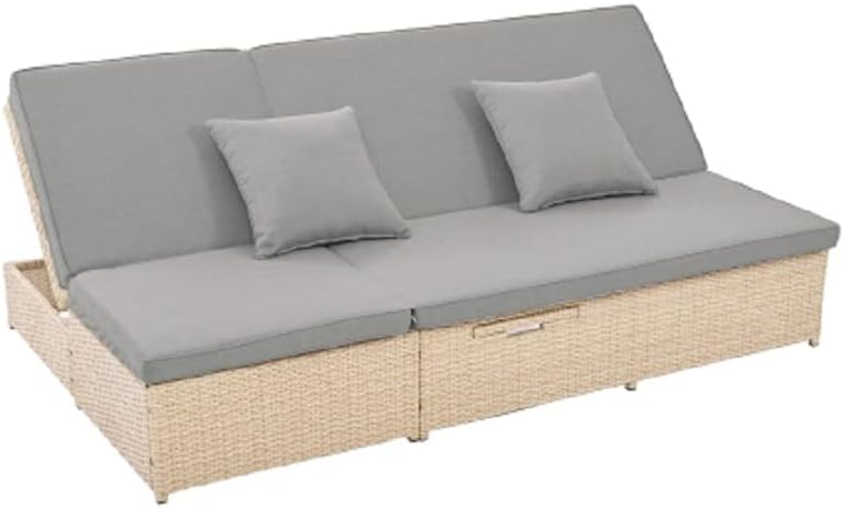 Outdoor Brown Double Sunbed Patio Reclining Chairs in Wicker Rattan