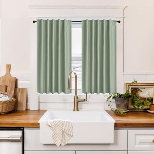 Image of RYB HOME 100% Blackout Short Curtains for Small Window, Thermal Insulated Noise Reducing Back Tab Curtains for Nursery Bathroom Basement, 42 inches Wide by 36 inches Long, Sage Green