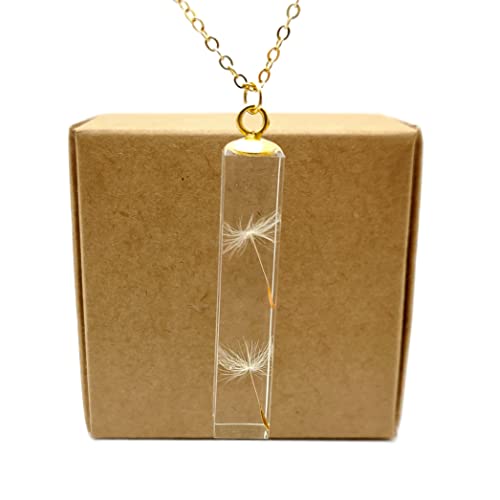 Dandelion with 2 Wishs Make a Wish Real Flowers 3D Cube Resin Pendant 18k Gold Plated Necklace for Women Handmade