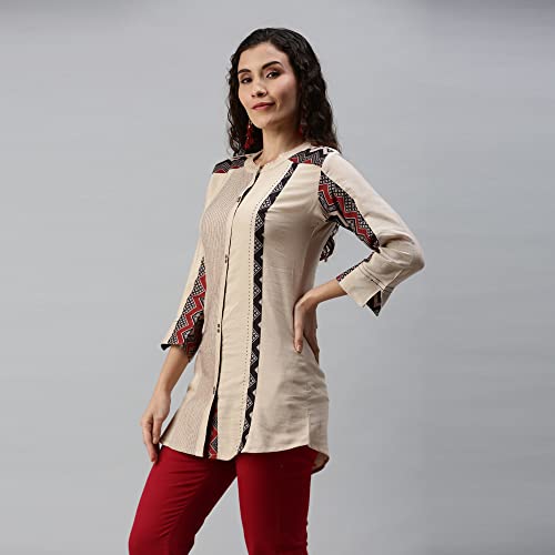 Image of SheWill Cotton Blend Stripe Print Embroidered A-Line Tunic