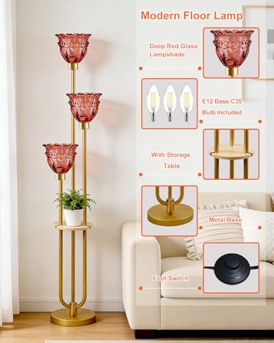 Image of Lightdot Glass Floor Lamp with 5Lbs Heavy Base for Living Room Modern Gold Floor Lamp with Rose Red Glass Shade & 3000K Bulbs Included Tall Standing Lamp with Foot Switch for Sofa Beside /Corner Decor
