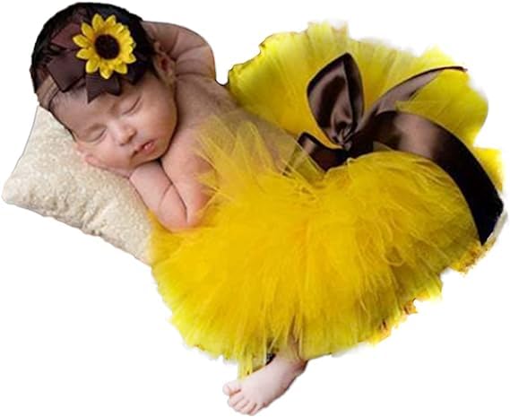 BabyMoon Sunflower Costume | Tutu Skirt with Hairband | 0-1 Month | Set of 2 | Yellow