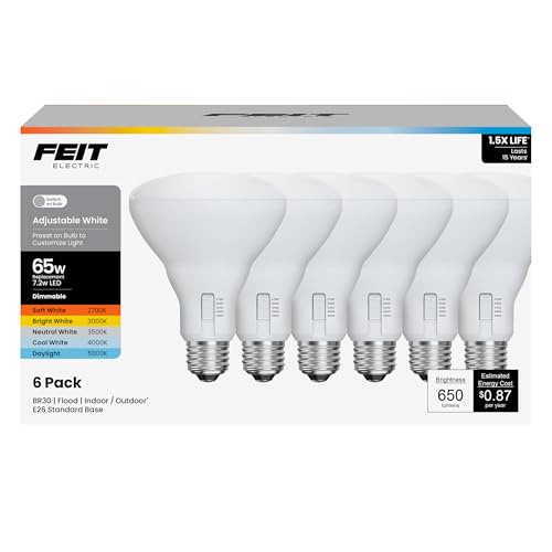 Feit Electric BR30 LED Flood Light Bulb, 65W Equivalent, Dimmable, 5CCT, Adjustable White, 650 Lumens, Indoor/Outdoor Residential & Commercial Use, 17,000-Hour Lifespan, BR3065DM5CCTCA15K/6, 6-Pack