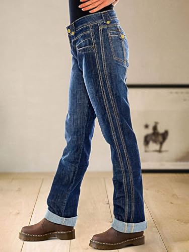 Flamingals Straight Leg Mid Rise Boyfriend Wash Stitch Multi Button Roll Hem Jeans3
