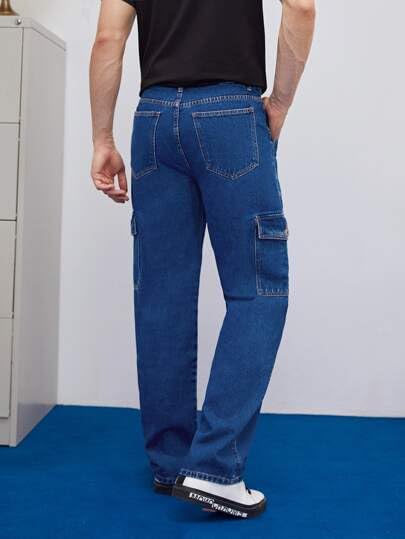 Image of Men's Straight Fit Denim Cargo Pants - Casual Multi-Pocket Work Jeans