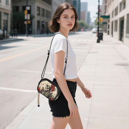 Skeleton Red Roses Black Crossbody Bag for Women Cell Phone Purses Women's Small Shoulder Handbags Wallet Purse with Strap2