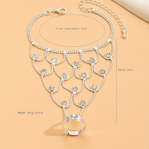 FUTIMELY Rhinestone Ring Bracelet Silver Crystal Hand Chain Finger Ring Bracelet Long Tassel Chain Bracelet Wedding Party Dance Banquet Dress Prom Jewelry for Women4