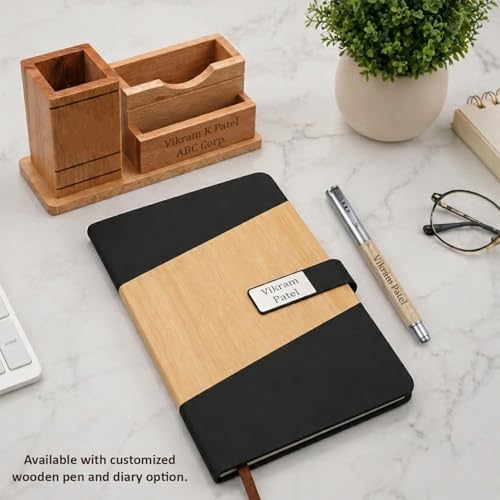 Image of Deskart Customized Multipurpose Pen Holder Stand | Premium Wooden Desk Organizer with Business Visiting Card and Mobile Holder