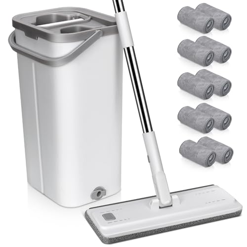 MASTERTOP Juego de Fregona y Cubo,Fregona Plana Cubo con 5 Paños de Microfibra, para Limpiar Suelos de Madera,Laminados, Azulejos y Mármol(Blanco)