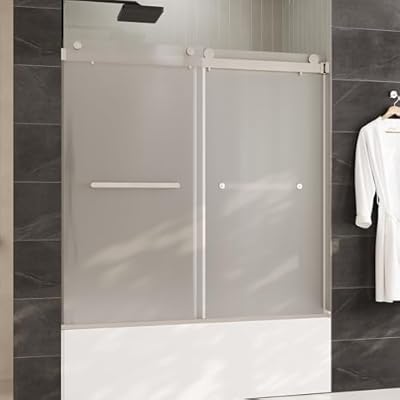 DeerValley Bathtub Shower Door 56-60"×62", Double Sliding Bypass Glass Shower Doors with 3/8" Frosted Tempered Glass, Sliver