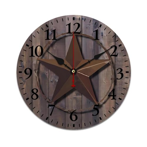 Primitive Barn Wood Lone Star State of Texas Star Silent Wall Clock Vintage Rustic Decoration Round Wall Clock for Bedroom Bathroom Living Room Home Office98in