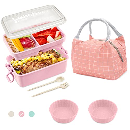 Bento Box Adult Lunch Box for Kids, NatraProw Japanese Bento Boxes, Stackable Lunch Container Bento with Bag, Wheat Straw Bento Box with Utensils, Pink Bento Box Microwave Safe -800ml