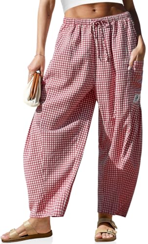 TARSE Womens Linen Wide Leg Striped Pants Casual Barrel Loose Drawstring Low Waist Palazzo Harem Pants with Pockets(RedWhitePlaidWhite L)