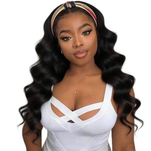 Image of XSY Headband Wig Human Hair Body Wave Natural Color 22 Inch | Headband Wig for Black Women Brazilian Glueless None Lace Front Wigs Wear and Go Half Wigs 150% Density