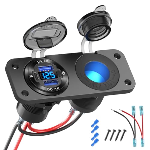 12V USB Outlet Marine Switch Panel Plug PD3.0 and Dual QC3.0 USB Ports Aluminum Car Charger with LED Voltmeter Power Switch Lighted 150W Cigarette Lighter Socket 2 in 1 DIY Kit for Boat RV ATV etc.