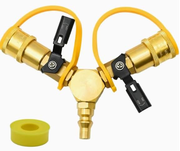 [100% Solid Brass] 1/4" Natural Gas Y Splitter, 2-Way Natural Gas Quick Connect Fittings