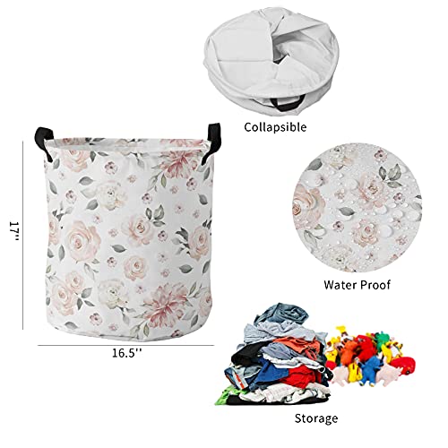 Laundry Baskets With Handles Floral Leaves Print Waterproof Freestanding Laundry Hamper, Round Collapsible Hampers For Bedroom, Laundry, Toys, Clothes Pink Grey 16.5X17Inch #TOP4