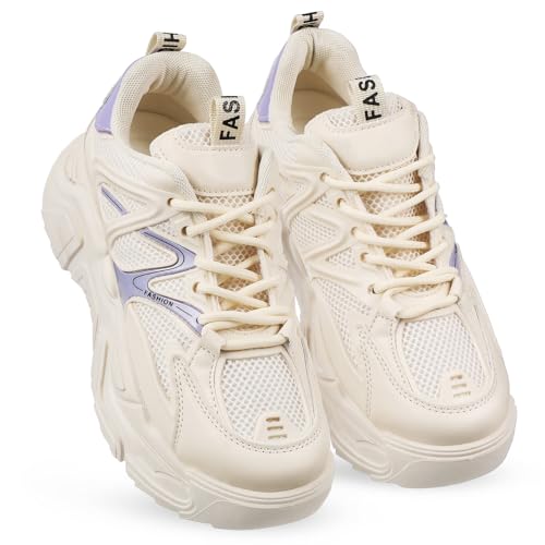 LIGIGWASH Chunky Sneakers para Mujer con Gruesa Antideslizante Zapatillas de Moda con Material PU Duradero Cómodas y Versátiles Beige