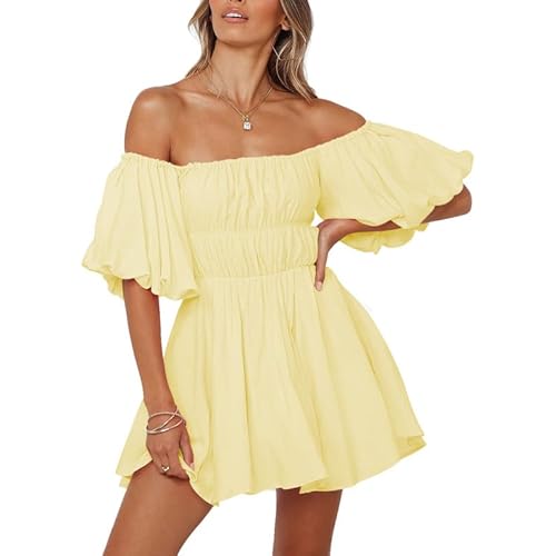 Dokotoo Womens Off The Shoulder Summer Dresses 2024 Short Lantern Sleeve Ruffle Elastic Waist A-Line Casual Mini Dress