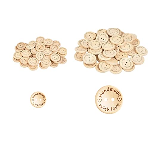 60PCS Wooden Buttons, Handmade with Love - Natural Wooden Round Shape Buttons, 2 Sizes (15mm, 20mm) for Baby Cardigans, Crafts, Knitting, Kids DIY Sewing & Decor