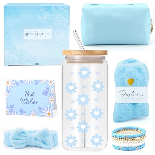 Youerls Geschenke für Mädchen Teenager 9 10 11 12 13 14 15 16 Jahre, Valentinstag Geburtstag Geschenk Mädchen Teenager Frauen, Glasbecher mit Strohhalm und Deckel,Kosmetiktasche, Haarband, Socken