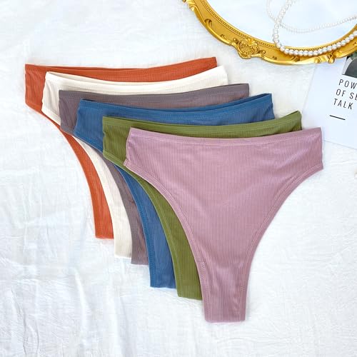 Image of High Waist Cotton Thongs Women Cotton Rib Thongs Panties 6pcs | Wironoat High Waist Cotton Thongs Women Cotton Rib Comfortable Soft Thongs Panties Pack 6