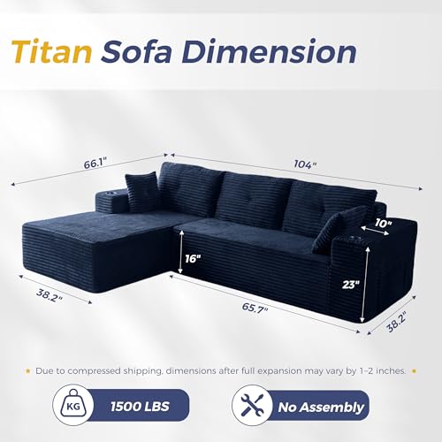 Image of MAXYOYO 104 inch Modular Sectional Couch with L-Shape Chaise, Modern Boneless Couch for Living Room, Sofa in A Box, Oversized Sofa with Deep Seat, No Assembly Required, Navy