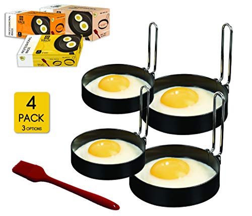 YAGITools Egg Rings Mold- Set of 4 Round Egg Rings for Egg McMuffins - Rust & Leak proof Egg Rings for Frying Eggs - Egg Molds with Foldable Handles + Silicone Basting Brush (3.5 inch)
