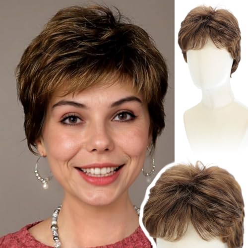 WIGYY Short Pixie Wigs for White Women – Warm Brown