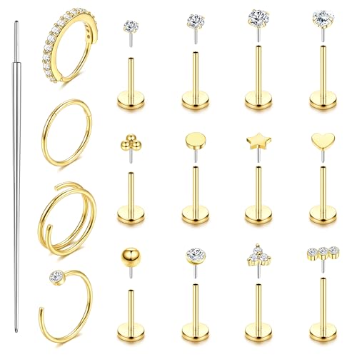 ORAZIO 14K Gold Filled Nose Rings Studs Hoops for Women Men 20G Hypoallergenic Surgical Steel Push in Threadless Flat Back Earrings CZ Helix Tragus Lip Cartilage Medusa Nostril Piercing Jewelry G1