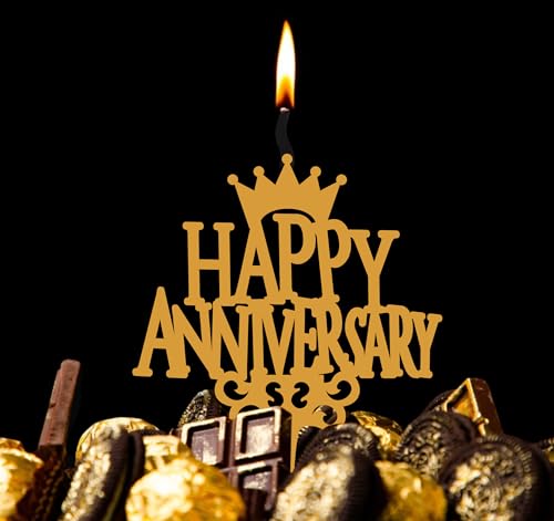 Food Safe Premium Candle Cake Topper for Birthday, Anniversary, and Custom Party Celebrations in Phrases – Gold (Happy Anniversary)