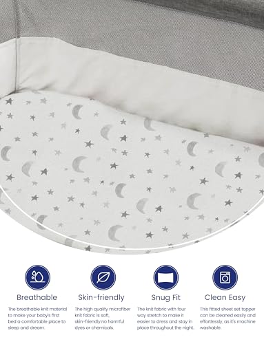 Image of TotAha Premium Soft Pack n Play Sheets, Super Stretchy Jersey Knit Mini Crib Sheets Fitted, Silky Comfort Graco Pack and Play Mattress Sheets 2-Pack, Moon & Grey Sky