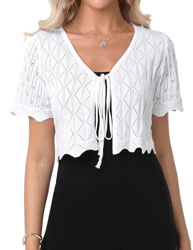 Gyabnw Cárdigan Corto Mujer Boleros para Vestidos de Fiesta Mujer Manga Corta Torera Elegante de Punto con Cuello en V Bolero de Fiesta Boda Cárdigan Cómodo Casual Moda para Verano,Blanco,XL