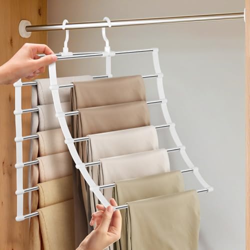 2 Stück Hosenbügel Platzsparend, Faltbarer Kleiderbügel, kleiderbügel Hosen 6 Etagen Edelstahl, Faltbare rutschfest Hosenständer, Weiß Kleiderschrank Organizer für Hosen Jeans Schals Handtücher
