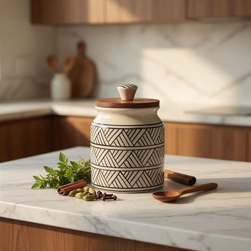 Image of Ceramic Jar & Container for Kitchen Storage Set | Multi Utility Air Tight Kitchen Organizer Items | Tea Coffee Sugar Container with Wooden Lid (Hand-Painted, 460 ML, Pack of 1)
